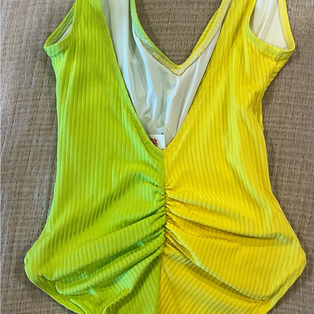 Lucia Solid & Striped One Piece Yellow and Green Ruched Swimsuit - Picture 4 of 4